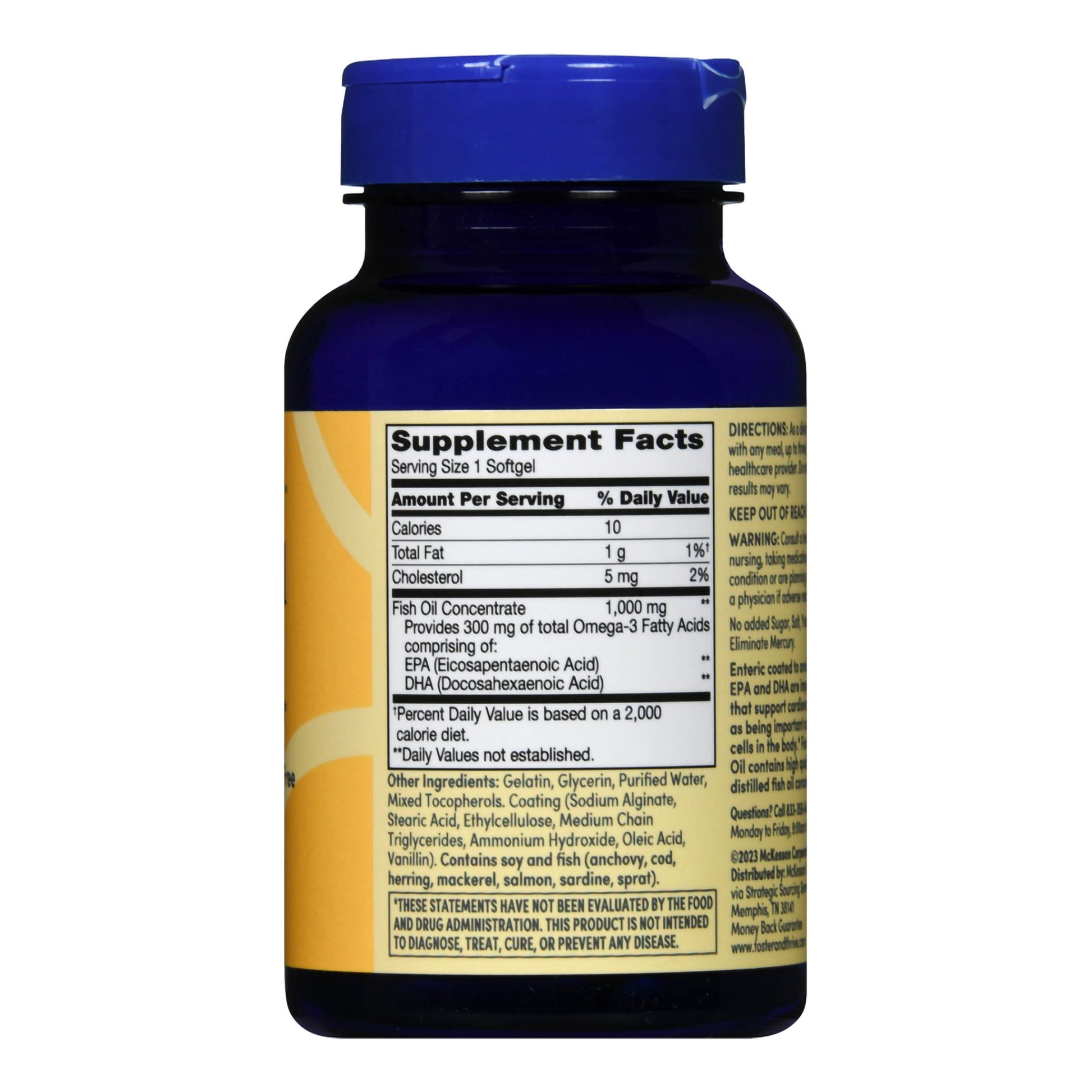Supplement bottle with blue cap and yellow label on a white background