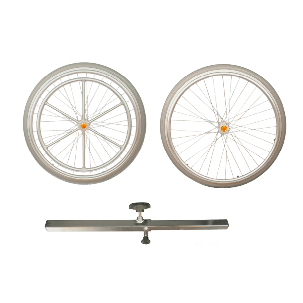 Two bicycle wheels with a horizontal bar on a white background