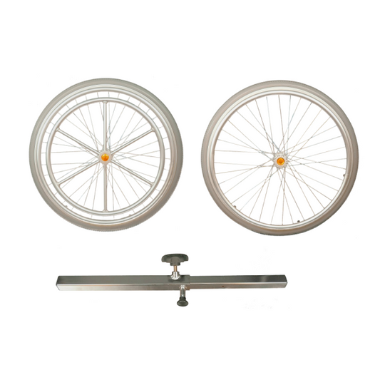 Two bicycle wheels with a horizontal bar on a white background