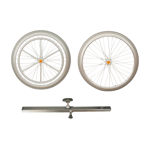 Two bicycle wheels with a horizontal bar on a white background