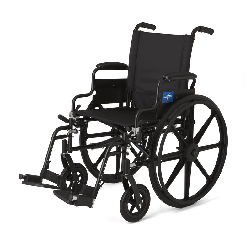 Black wheelchair with a blue label on a white background
