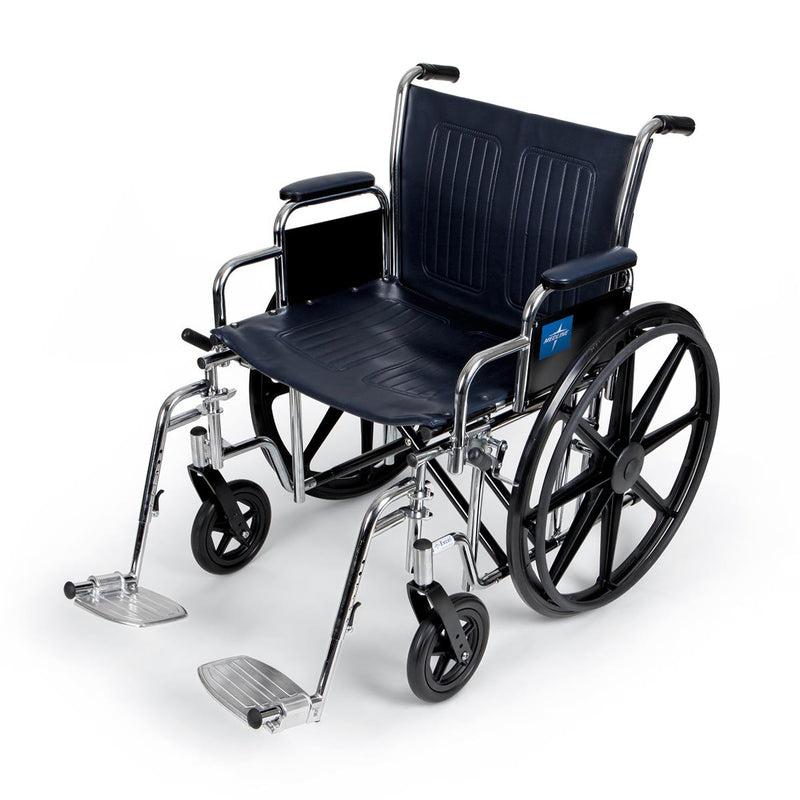 Wheelchair with blue seat cover on a white background