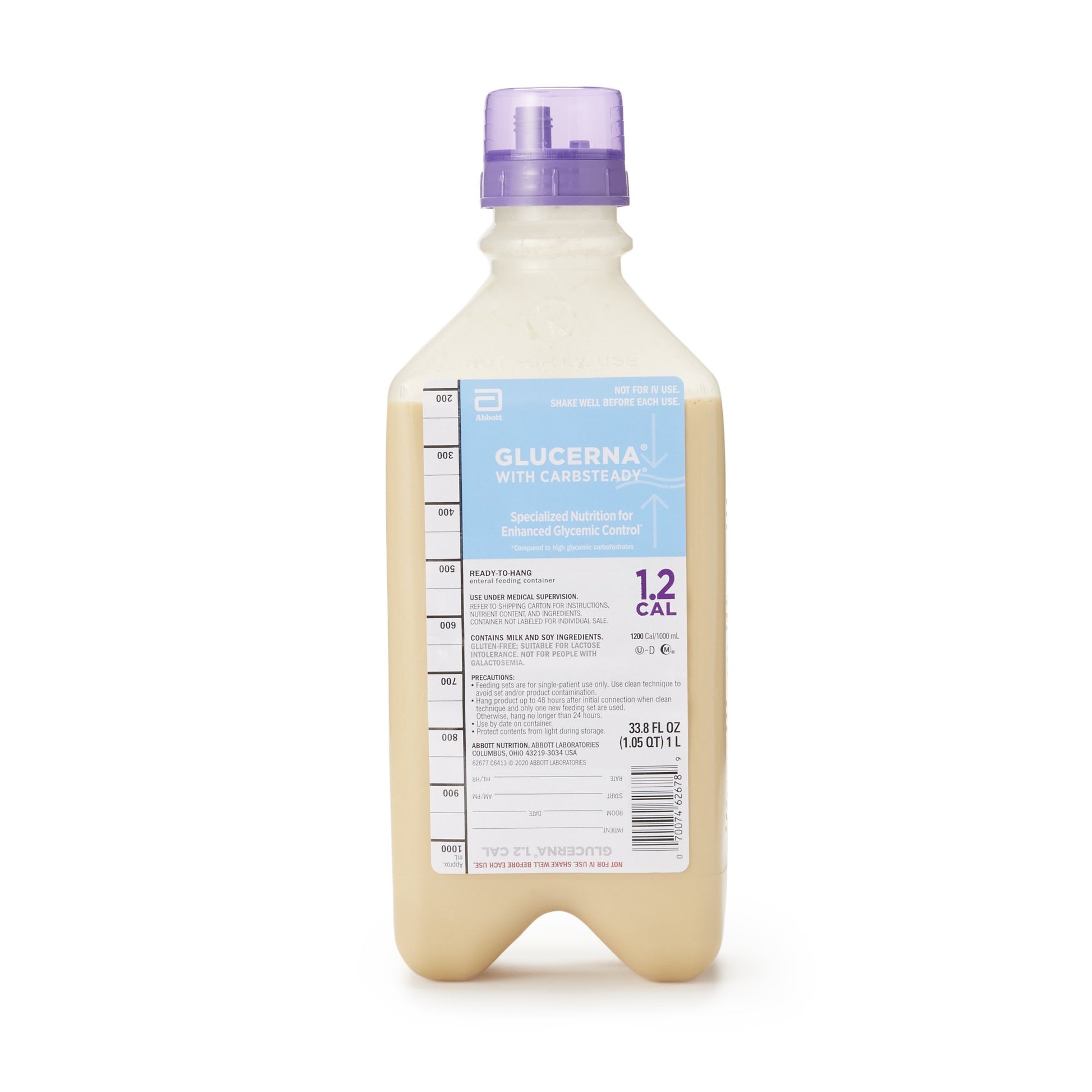 Glucerna nutritional supplement bottle with a purple cap on a white background