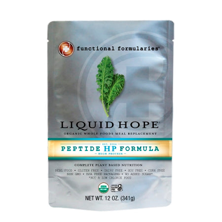 Package of Liquid Hope Peptide HP Formula with a leaf graphic on a white background