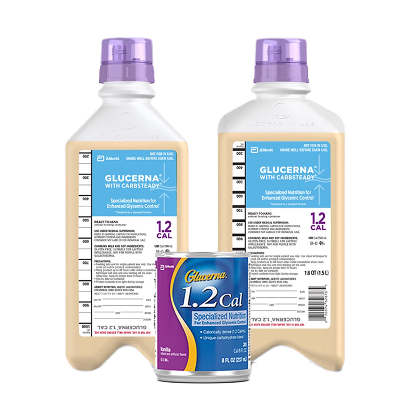 Two bottles of Glucerna nutritional supplement with a smaller bottle in front on a white background