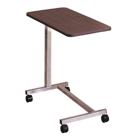 Adjustable hospital bed side table with wooden top and metal frame on a white background