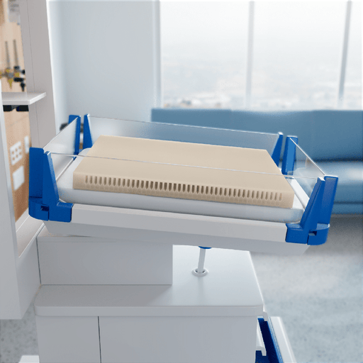 A beige mattress topper or cooling pad with a vented edge, enclosed in a clear protective cover and supported by blue and white mechanical arms, set in a modern room with a window and sofa in the background.