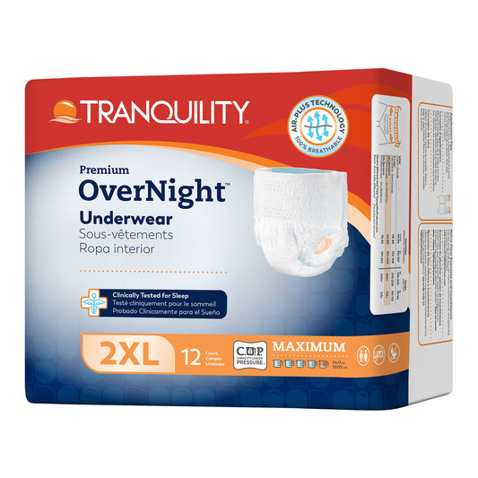 Box of Tranquility Premium Overnight Underwear with packaging details on a white background