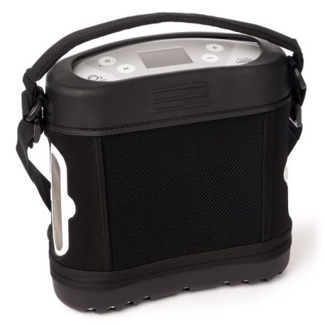 Black portable O2 concentrator with digital display on a white background