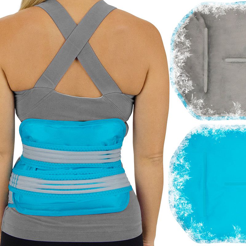 Back support belt worn by a person with close-up insets showing the design and texture.