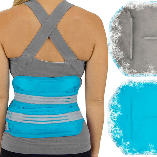 Back support belt worn by a person with close-up insets showing the design and texture.