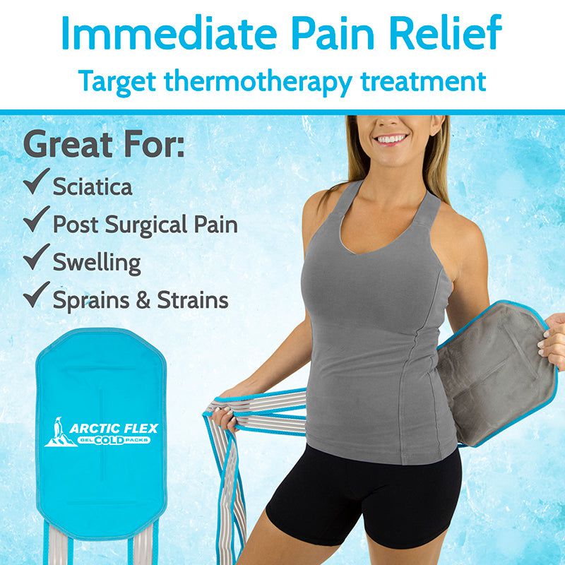 Woman holding a Arctic Flex product with text about immediate pain relief and target thermotherapy treatment.