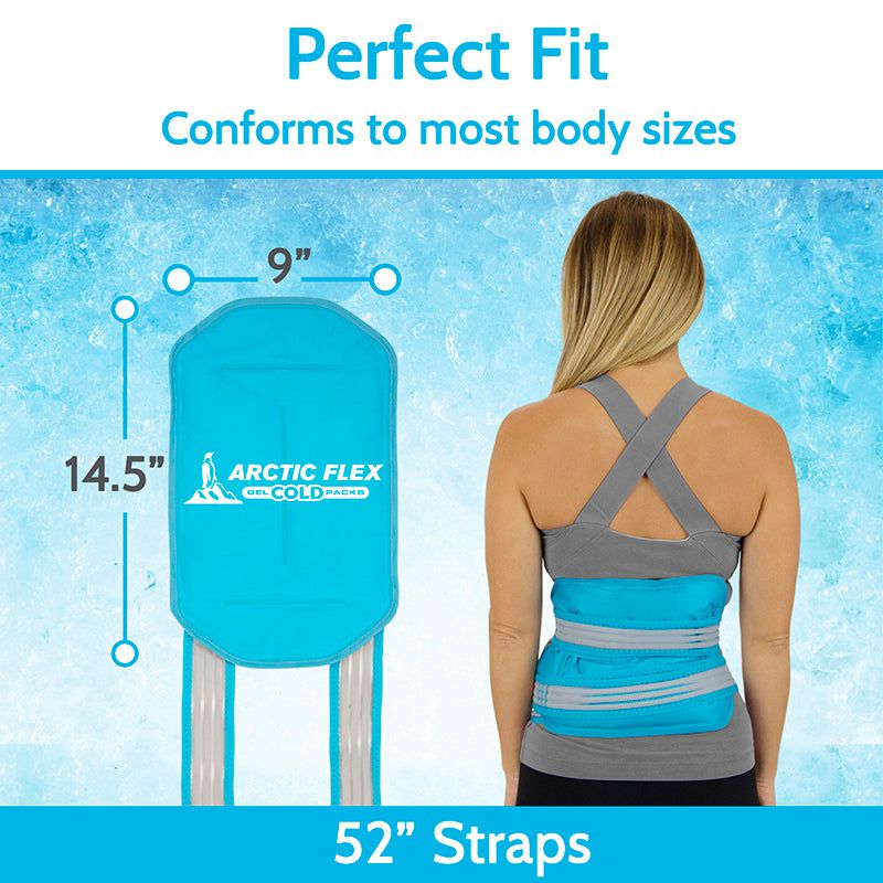 Arctic Flex product with measurements and a person wearing it on a blue background