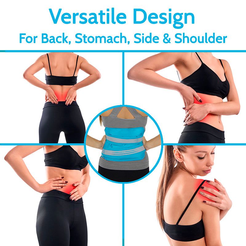 Product showing versatility in use on different parts of the body with text 'Versatile Design For Back, Stomach, Side & Shoulder'.
