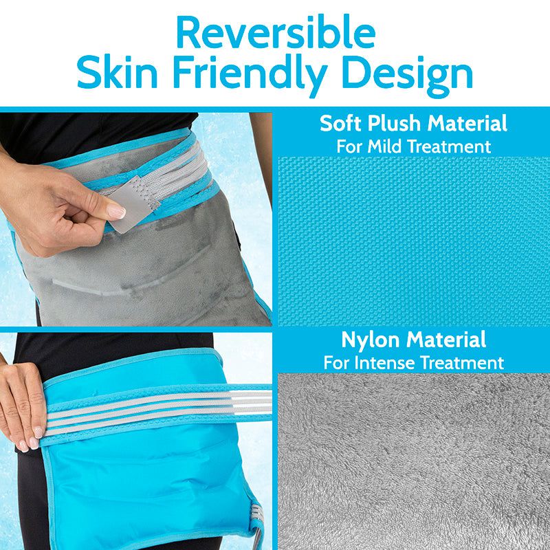 Product showing reversible design with soft plush material and nylon for different treatment levels.