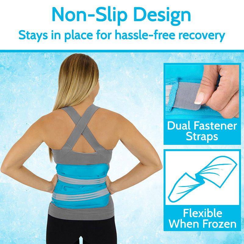 Woman wearing a back brace with text highlighting non-slip design, dual fastener straps, and flexible properties.