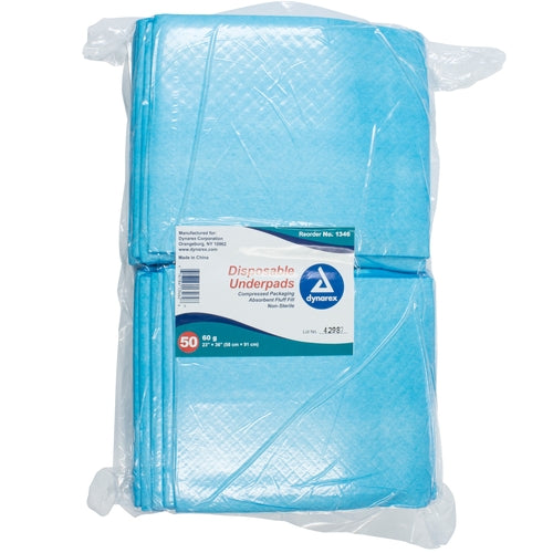 Pack of disposable underpads with Dynarex branding on a white background