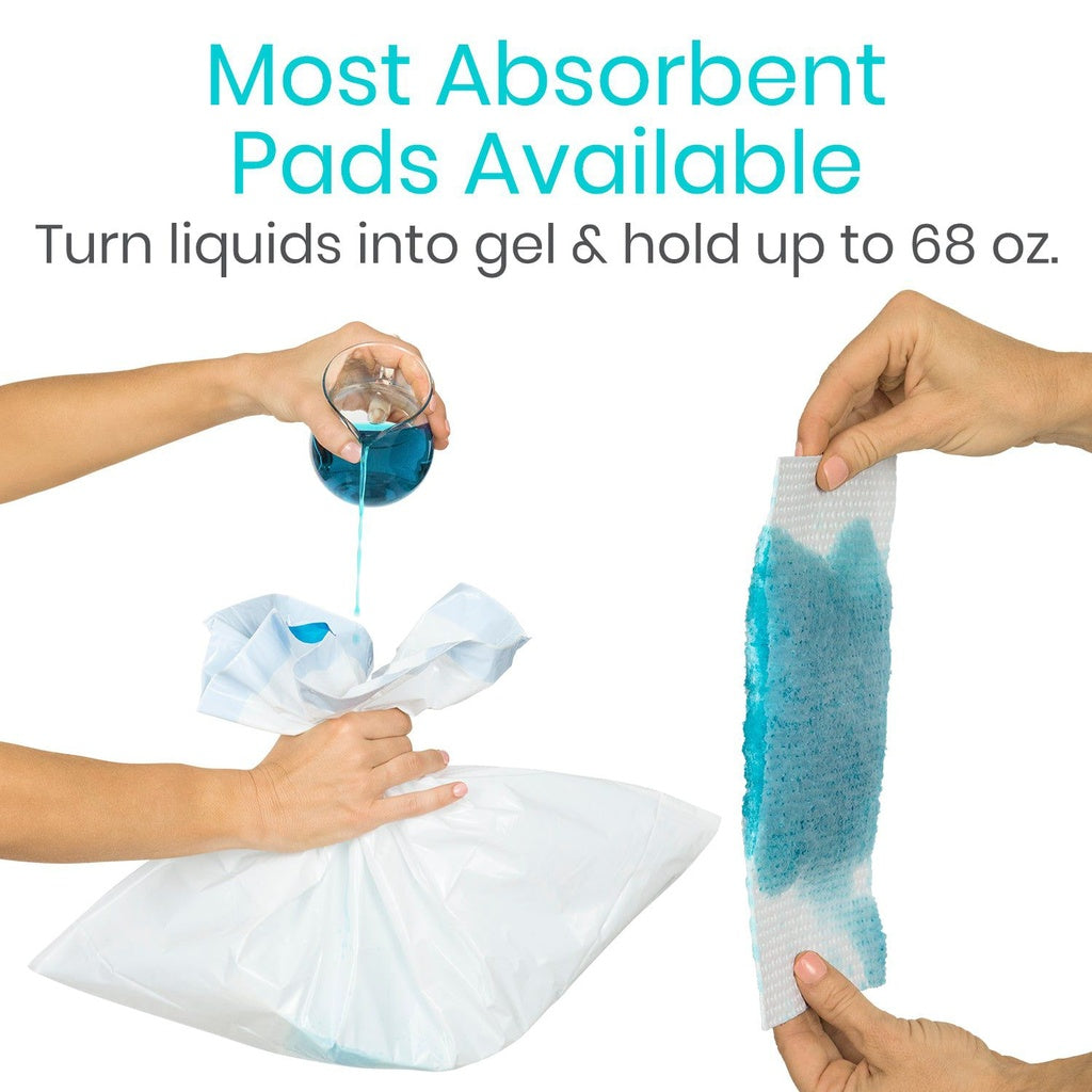 Absorbent pads being used to turn liquid into gel with text indicating absorbency and volume capacity.