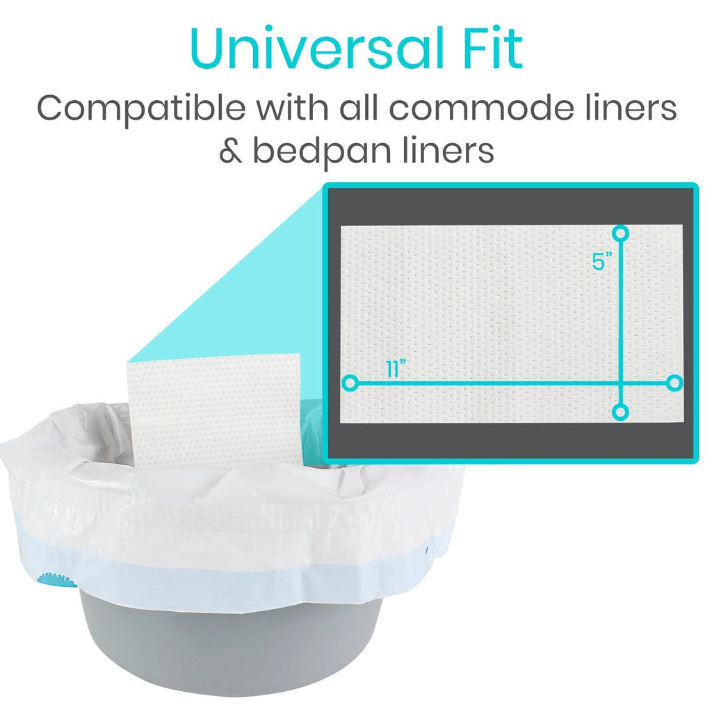 Product with text 'Universal Fit' and compatibility information for commode liners and bedpan liners.