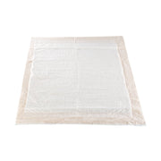 White quilted blanket with beige border on a white background