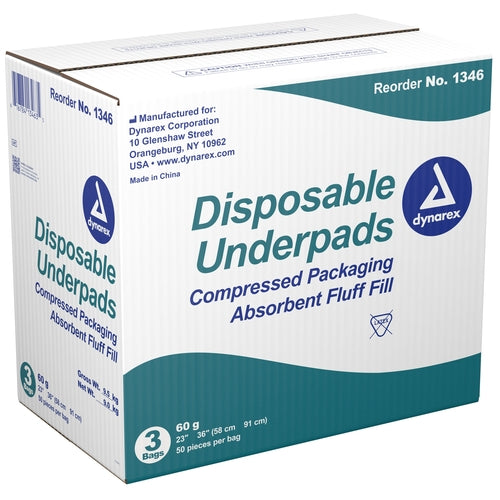 Box of Dynarex disposable underpads with branding and product details.