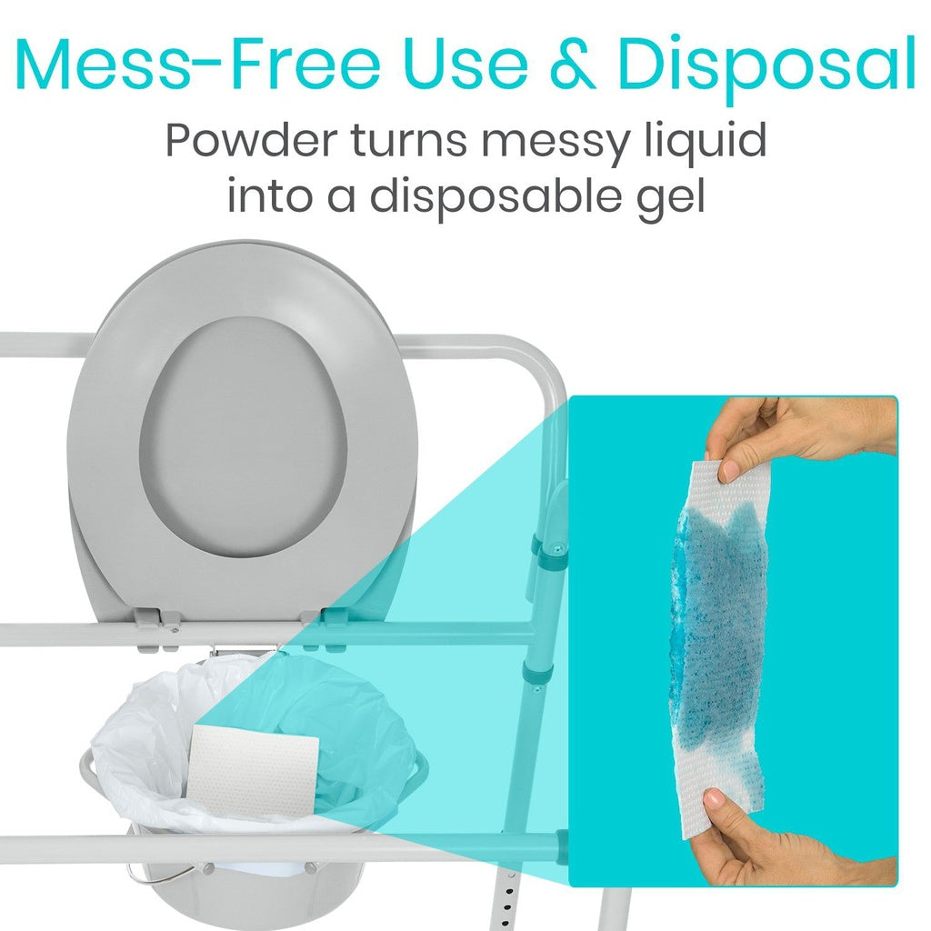 Product showing a toilet with a blue disposable gel sheet and text about mess-free use and disposal.