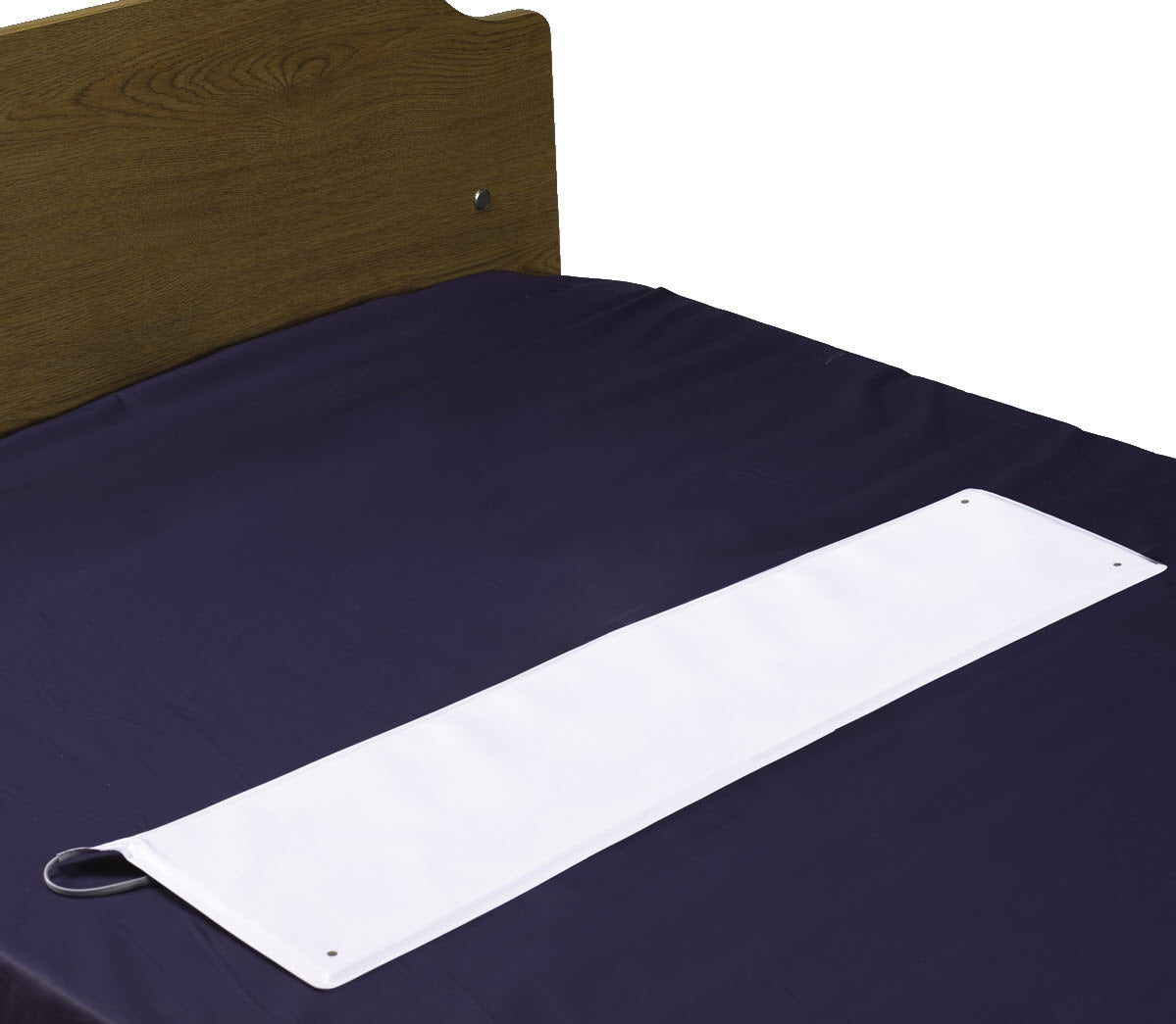 Navy mattress cover with a white label on a wooden bed frame.