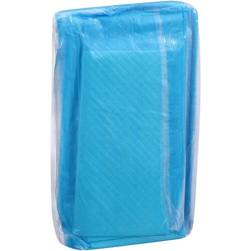 Blue mattress topper wrapped in clear plastic on a white background