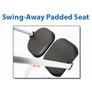 Two black padded swing-away seat cushions attached to a white metal frame, shown with the text 'Swing-Away Padded Seat' above on a white background.