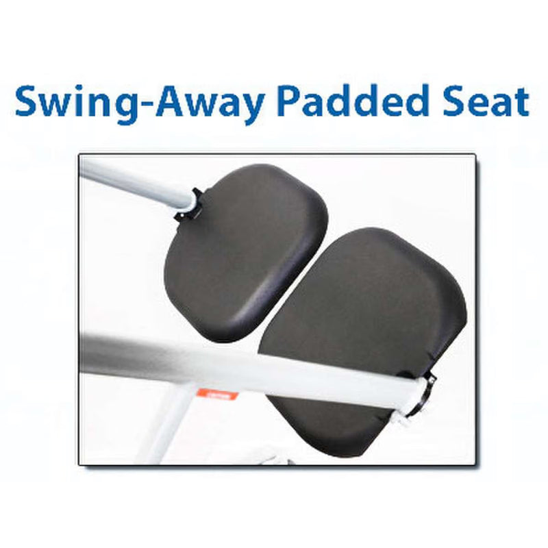 Two black padded swing-away seat cushions attached to a white metal frame, shown with the text 'Swing-Away Padded Seat' above on a white background.