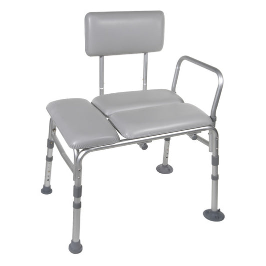 Gray medical bath chair with backrest and armrests on a white background