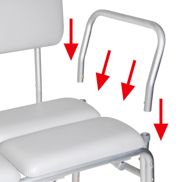 White medical chair with red arrows pointing to various parts on a white background
