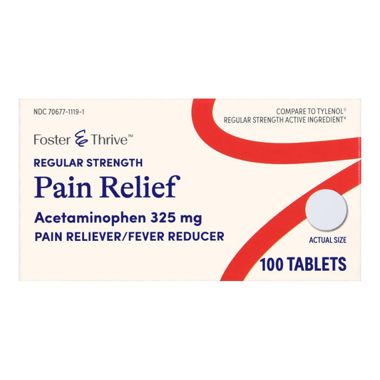 Box of Foster Thrive regular strength pain relief tablets on a white background