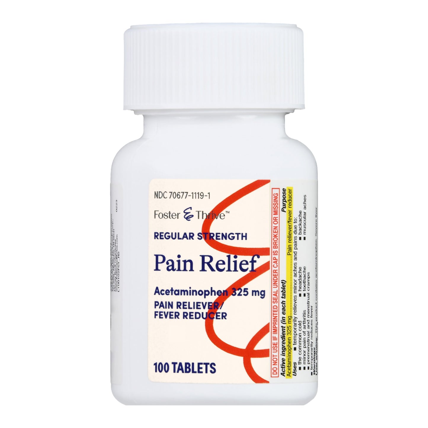 Bottle of Foster & Thorne Pain Relief Acetaminophen tablets on a white background