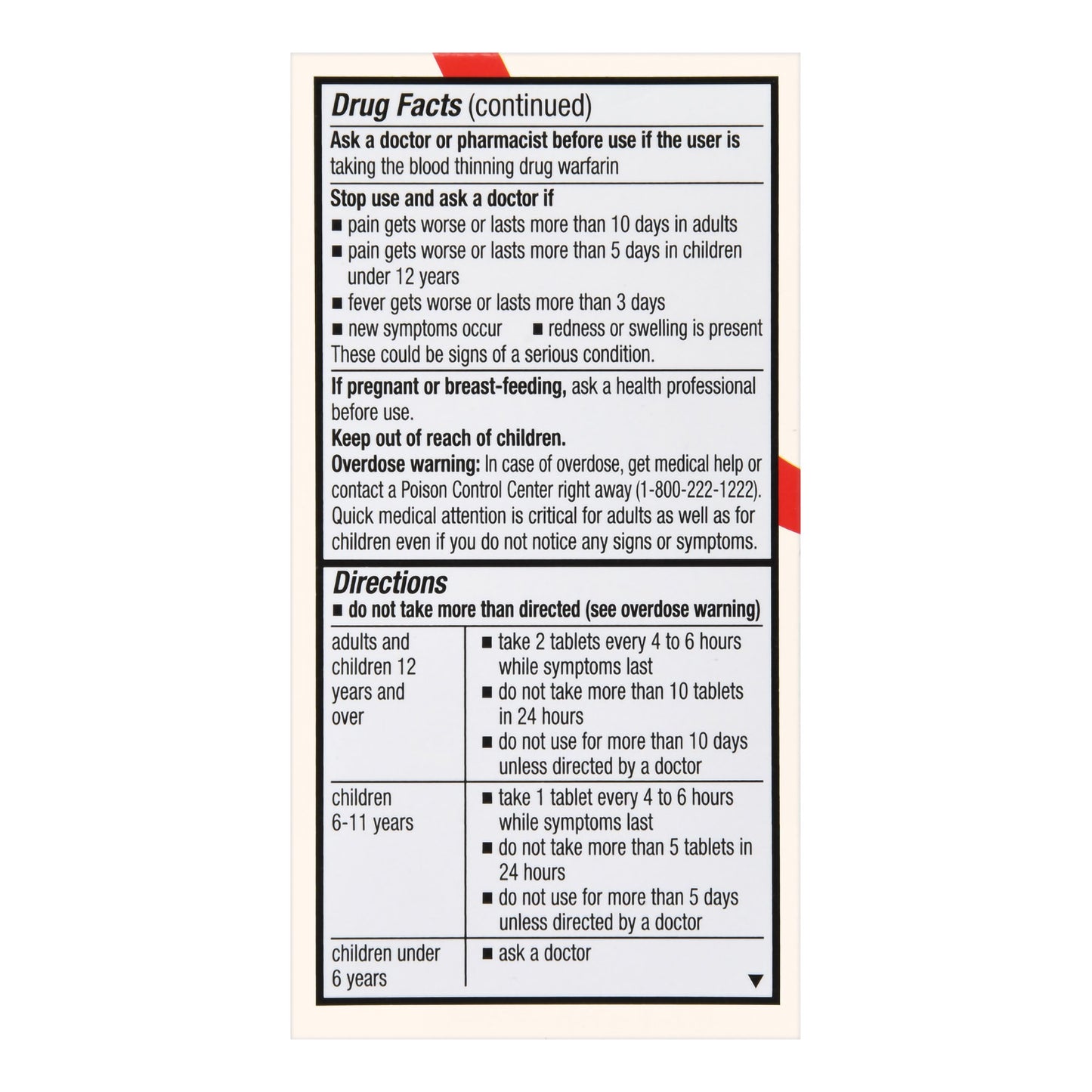 Drug facts label with directions and warnings on a white background