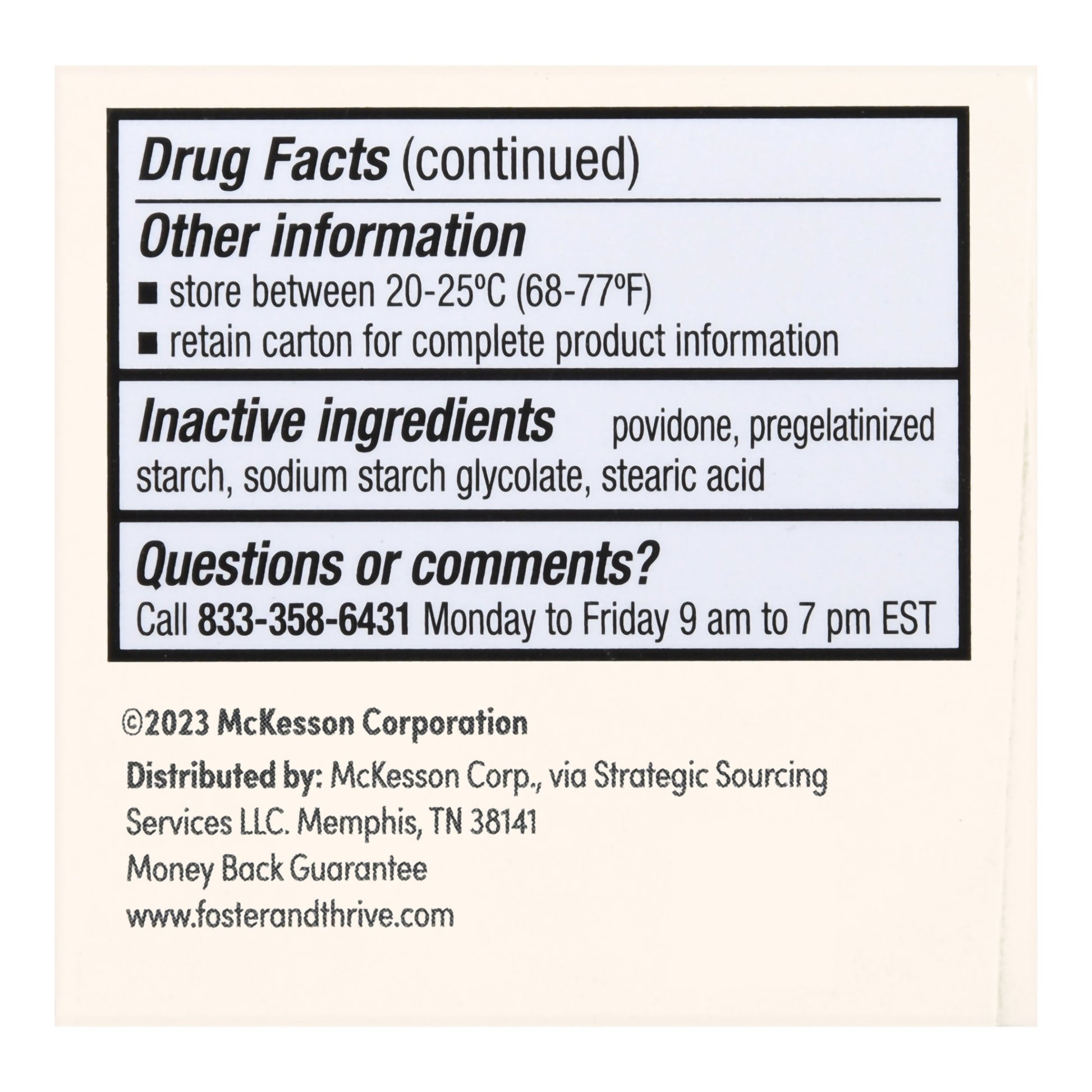 Drug facts label with inactive ingredients and contact information on a beige background