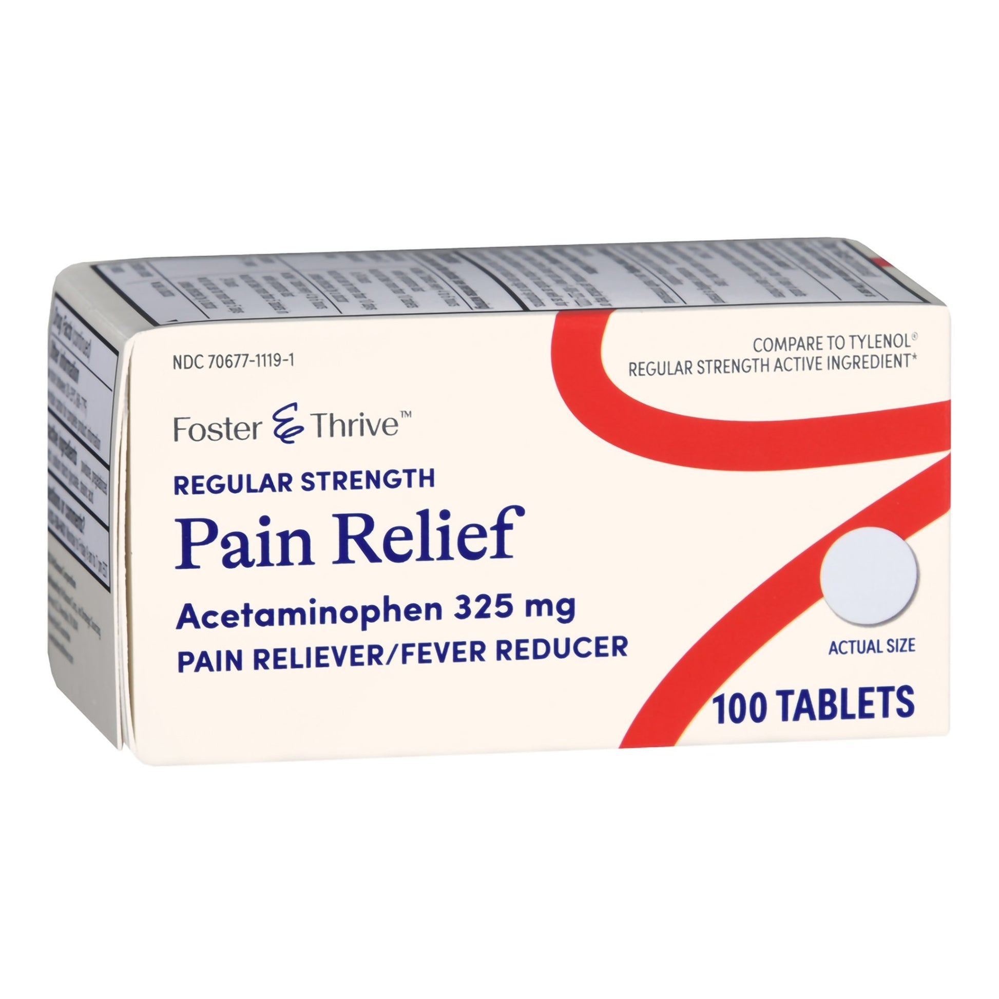 Box of Foster Thrive regular strength pain relief acetaminophen tablets on a white background