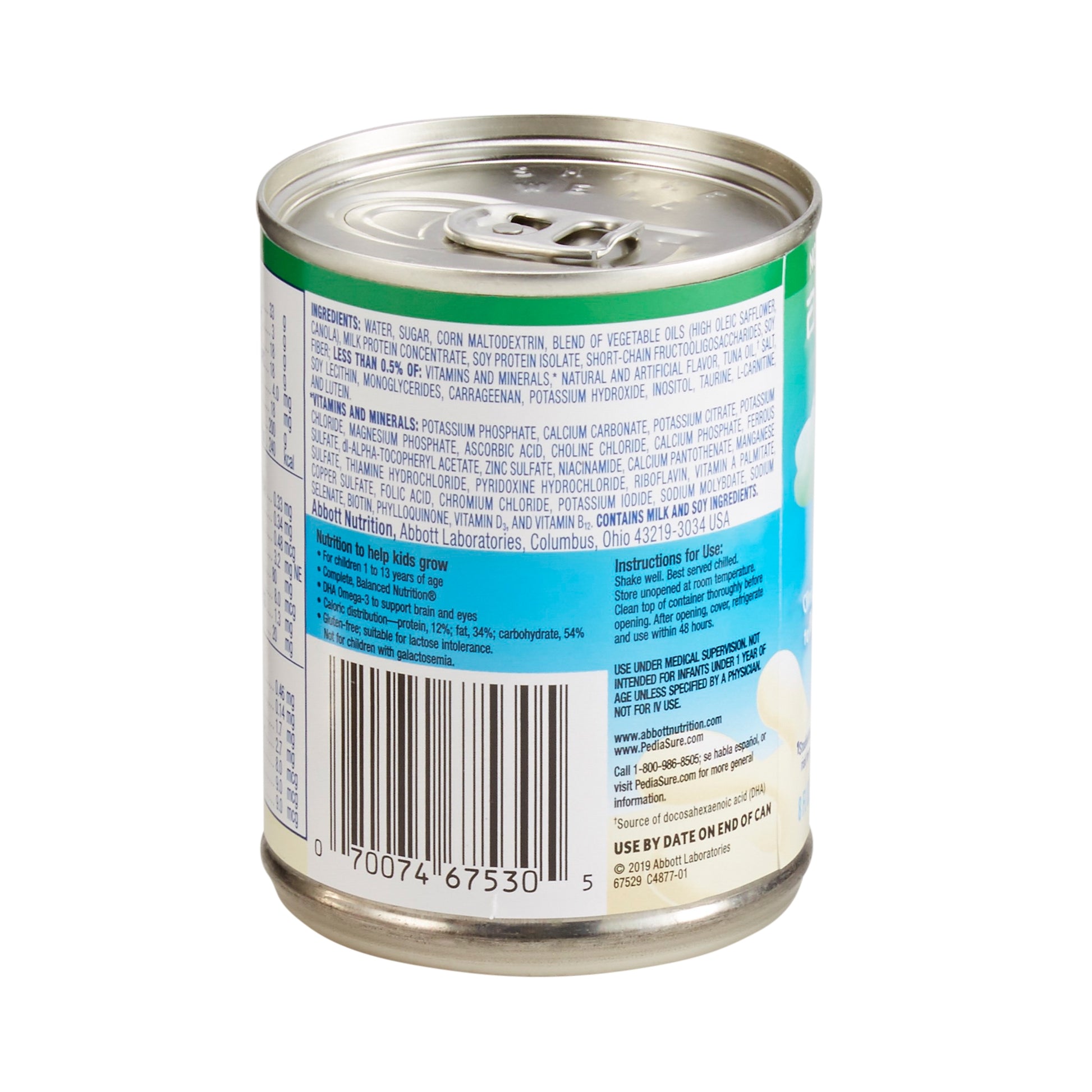 Can with label showing nutritional information and ingredients on a white background