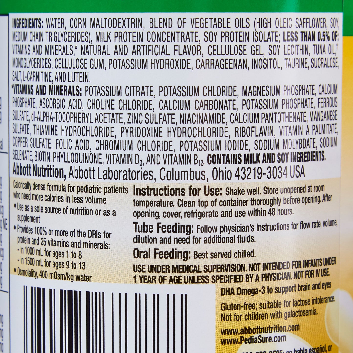 Nutritional label and ingredients list on a pediatric formula package with Abbott Nutrition branding.