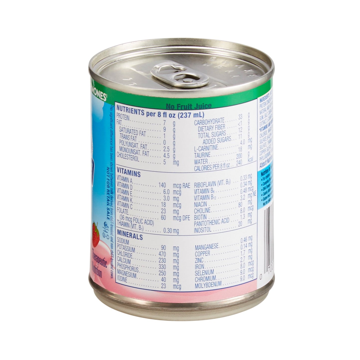 Can of fruit juice with nutritional label on a white background