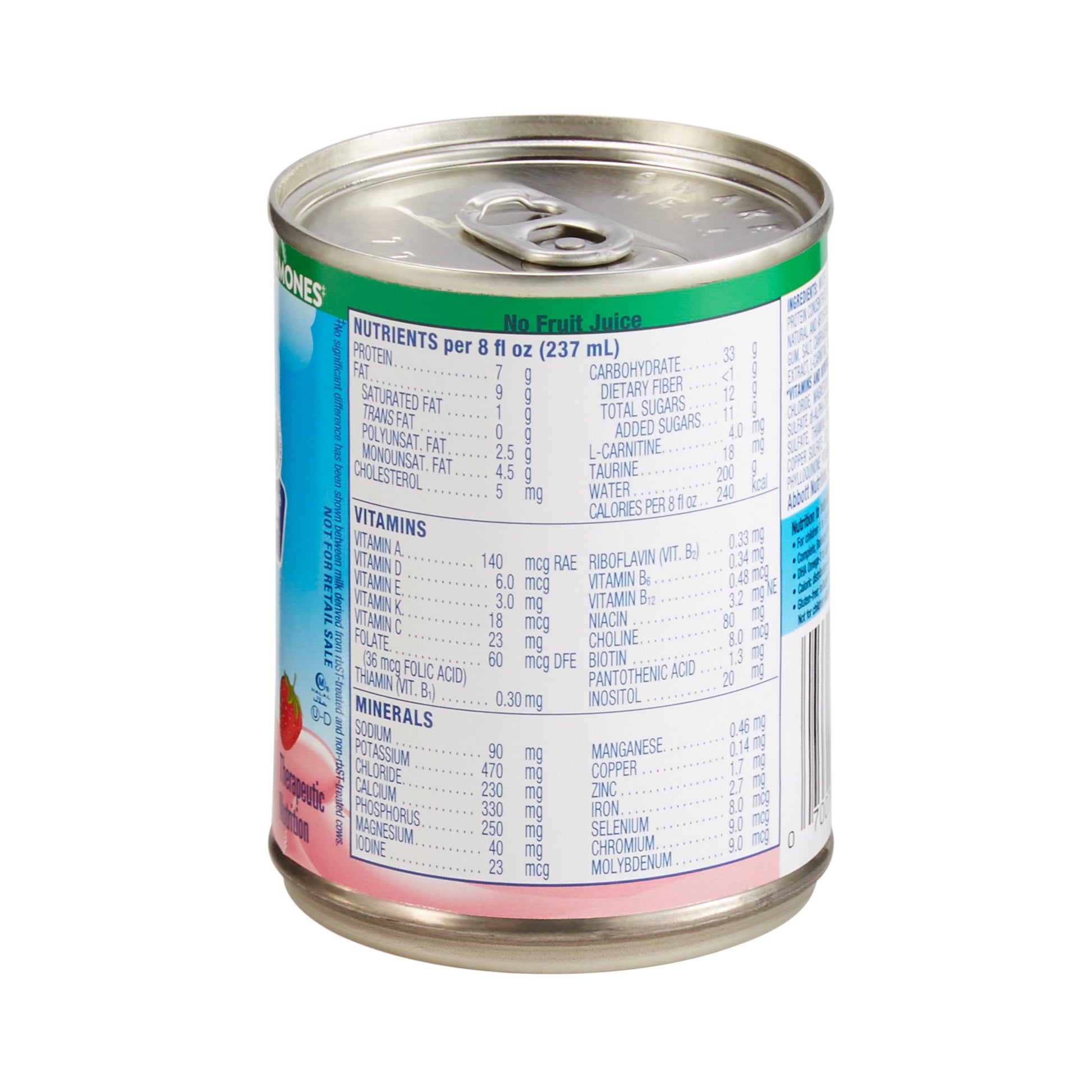 Can of fruit juice with nutritional label on a white background