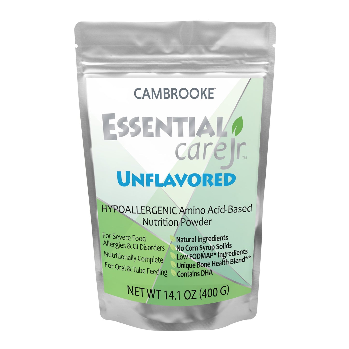 Cambrooke Essential Care Jr. Unflavored nutrition powder package on a white background
