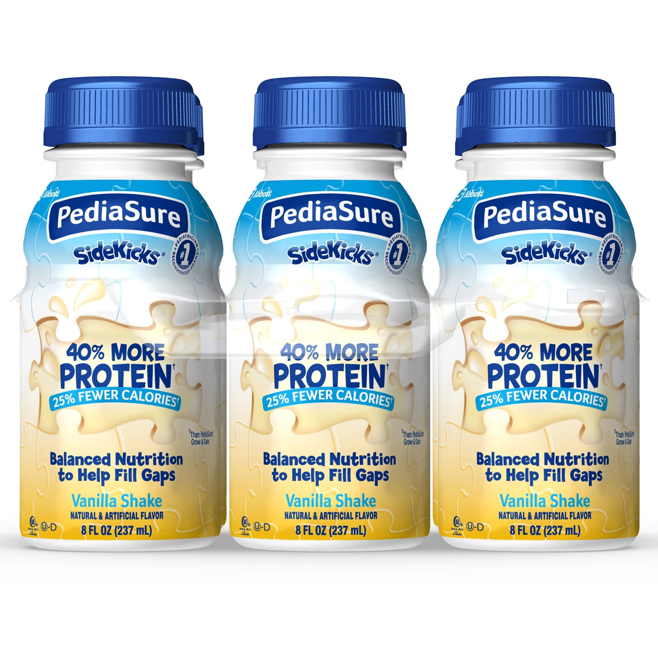 Three bottles of PediaSure SideKicks Vanilla Shake on a white background