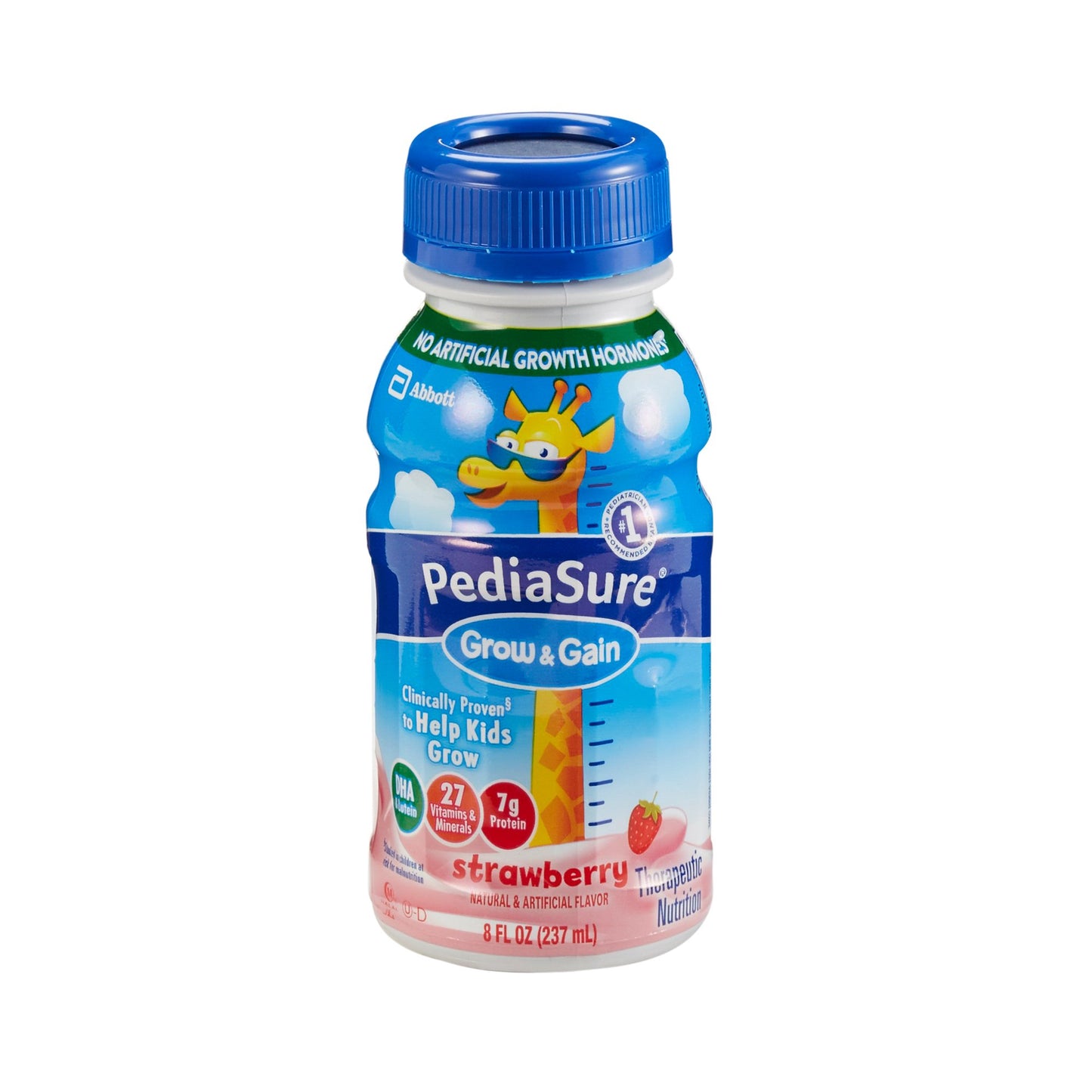 Pediasure Grow & Gain strawberry flavor bottle on a white background