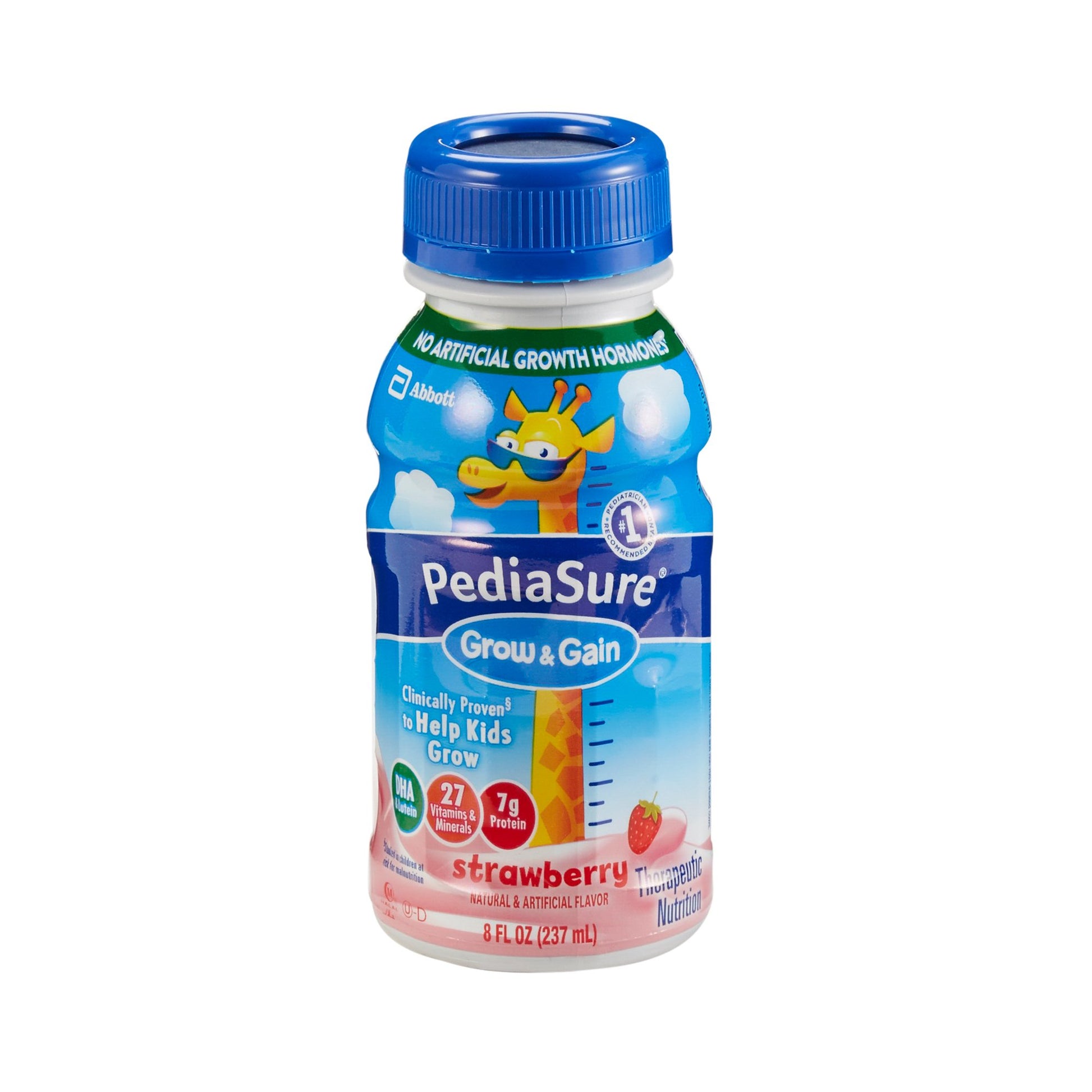 Pediasure Grow & Gain strawberry flavor bottle on a white background