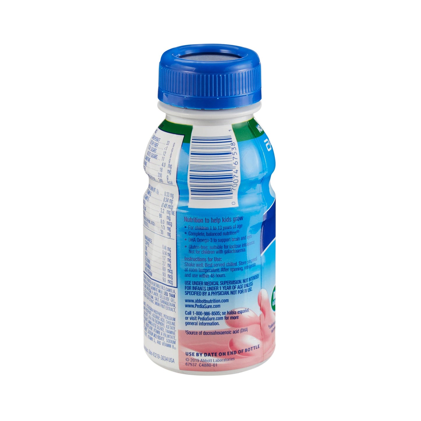 Bottle of Pedialyte with blue cap on a white background