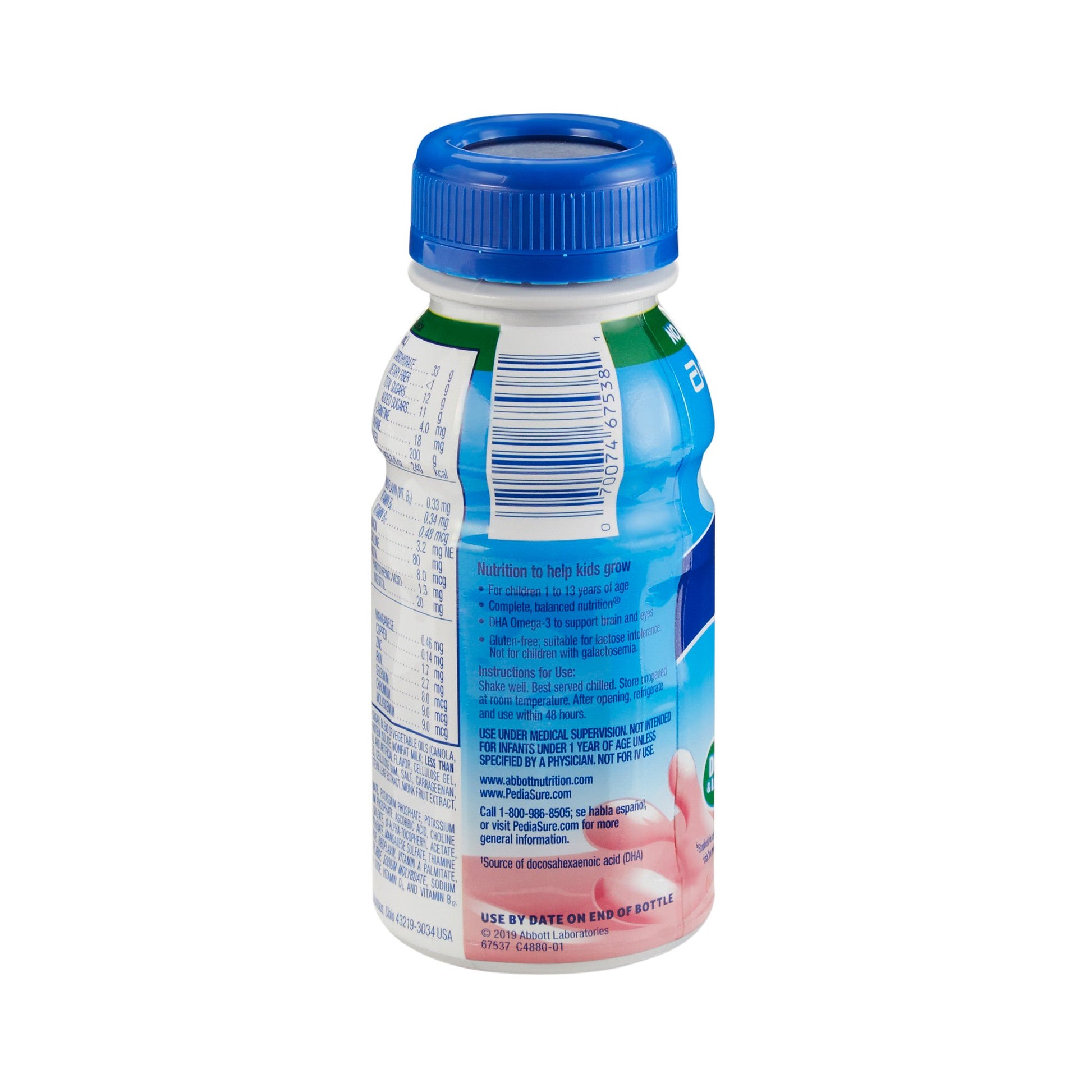 Bottle of Pedialyte with blue cap on a white background