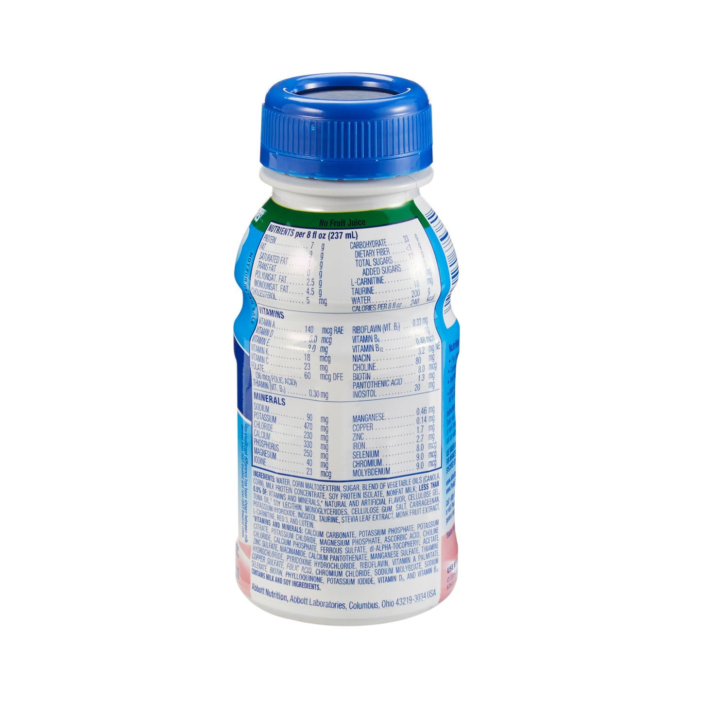 Bottle with a blue cap and white label on a white background