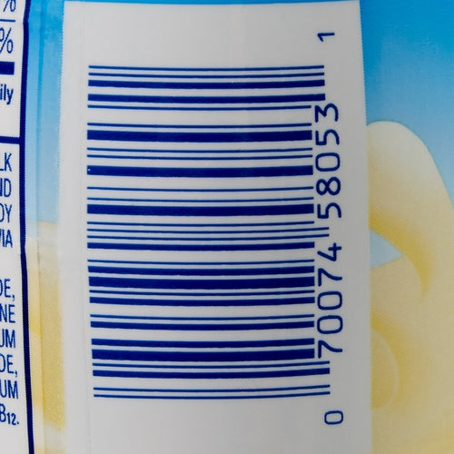 Bar code on a product label with a blue and white background
