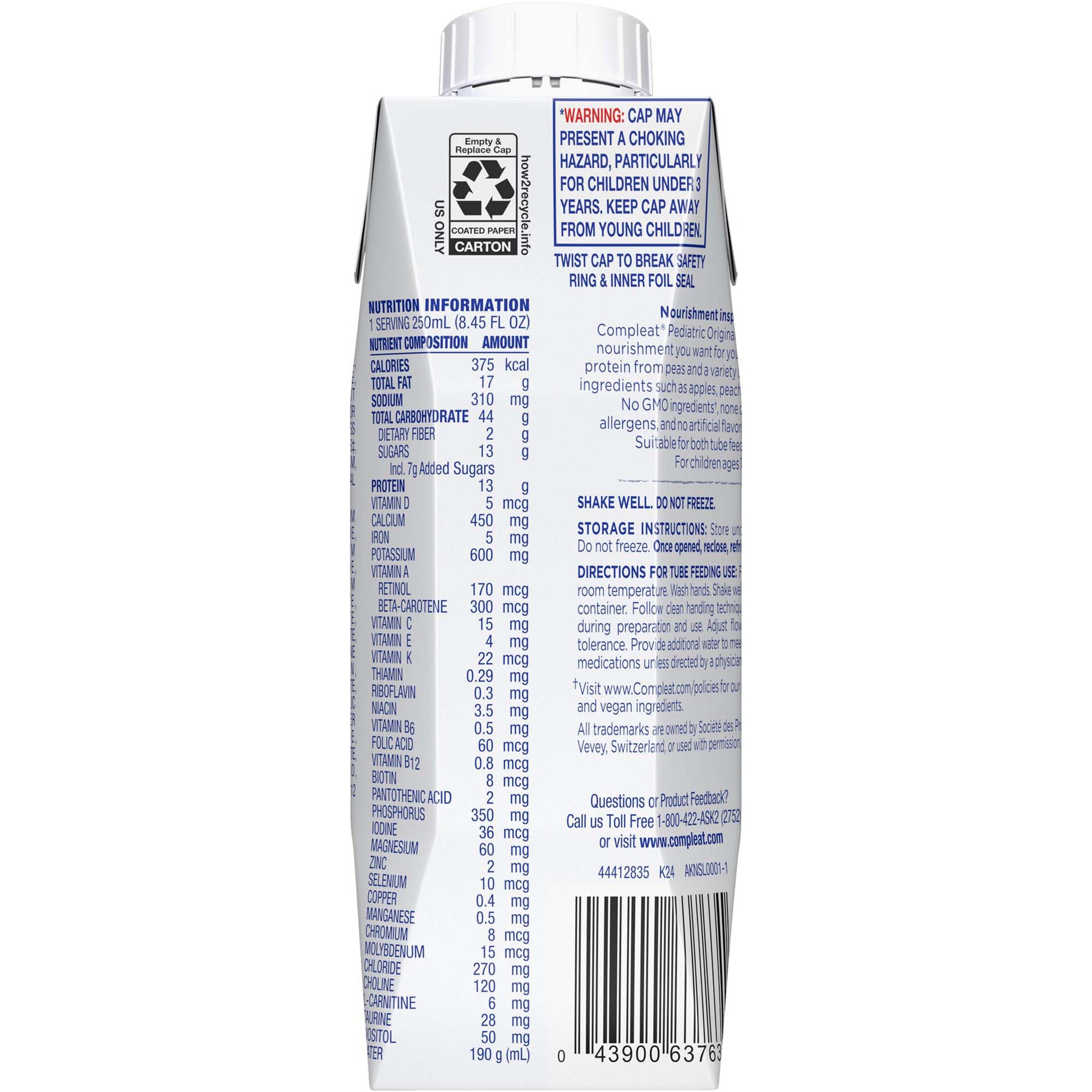 Back view of a white carton with nutritional information and recycling label on a white background